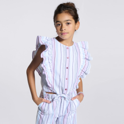 بلوزة مقلمة بها كشكشة، أرجوانية اللون للفتيات